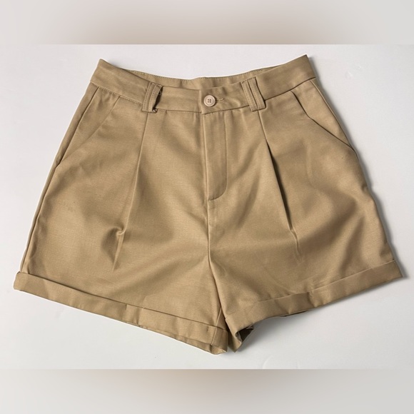J.ING Tan Pleat Detail A-Line High Wide Leg Rise Shorts 90’s  Large Like New - Picture 2 of 9